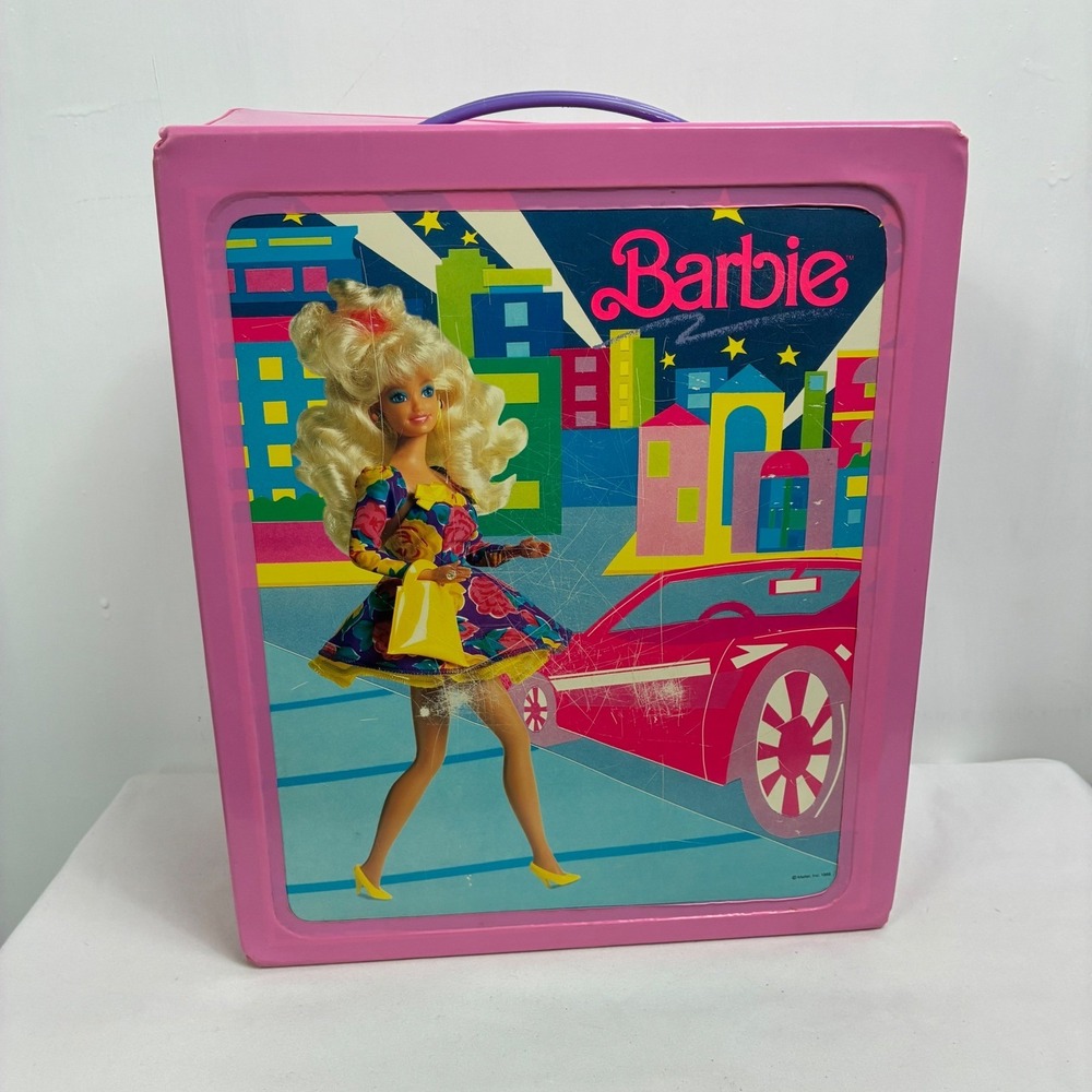 Vintage 1989 Barbie Pink Vinyl Carrying Case with Furniture and Accessories